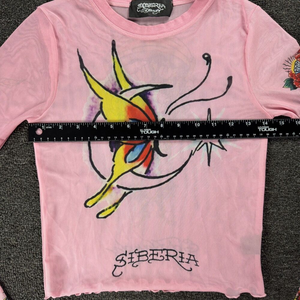 Ed Hardy X Siberia Halls Pink Mesh Tattoo Long Sleeve Top Size Sm Y2K Sheer - Picture 4 of 15